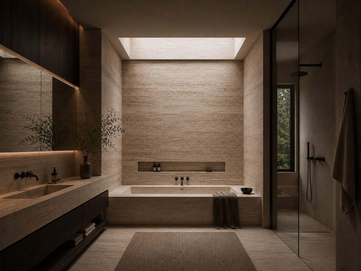 Travertine bathroom with sunken tub, skylight above, dark timber vanity and walk-in shower screened by glass
