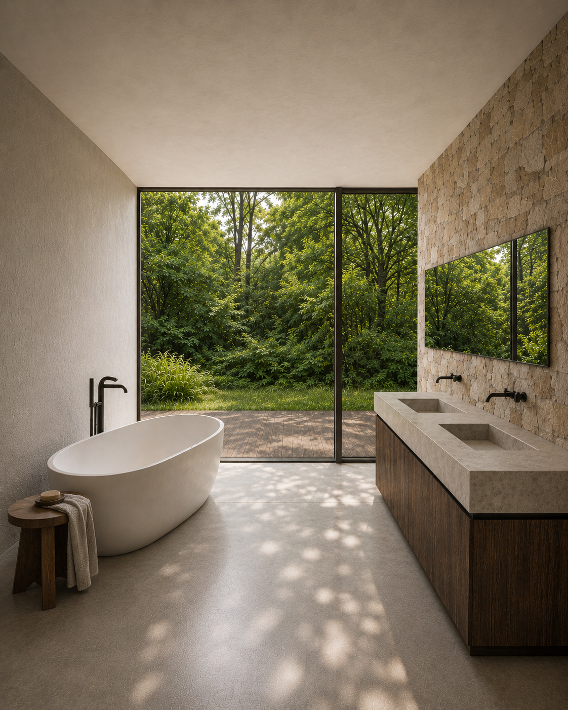 Master bathroom with freestanding tub and stone-clad accent wall facing the forest