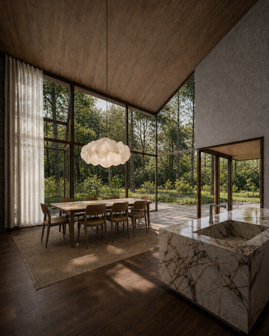 Double-height dining room with full-height glazing onto the forest