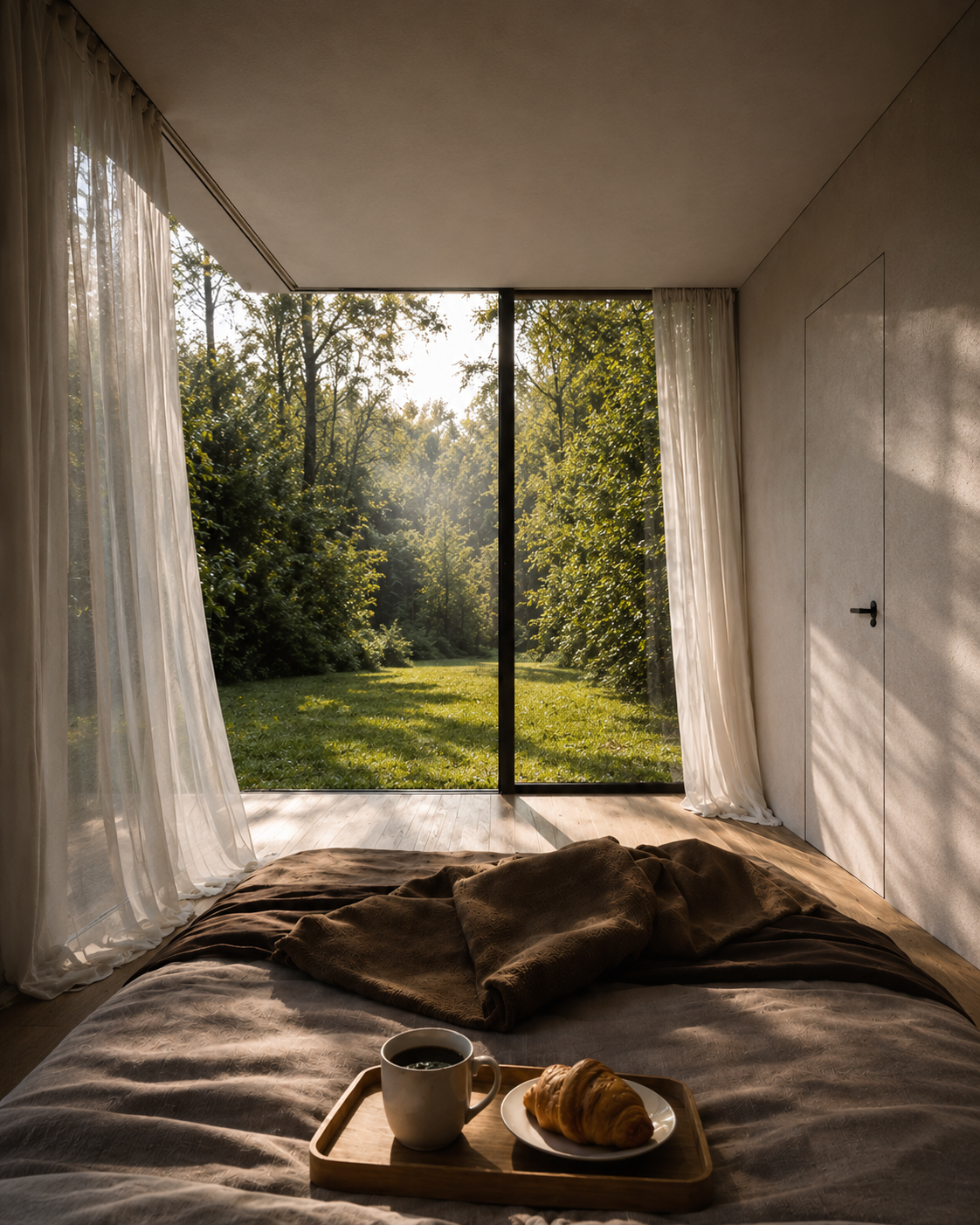 Master bedroom with a glazed corner opening onto a sunlit meadow