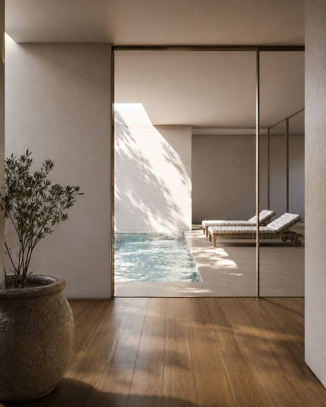 Indoor pool seen through a bronze-framed glass partition from the corridor