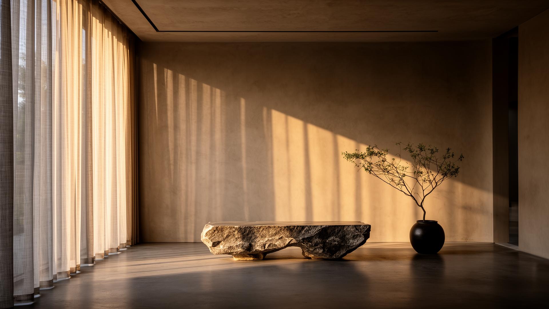 Sunlight crossing a stone interior with a sculptural bench and single branch