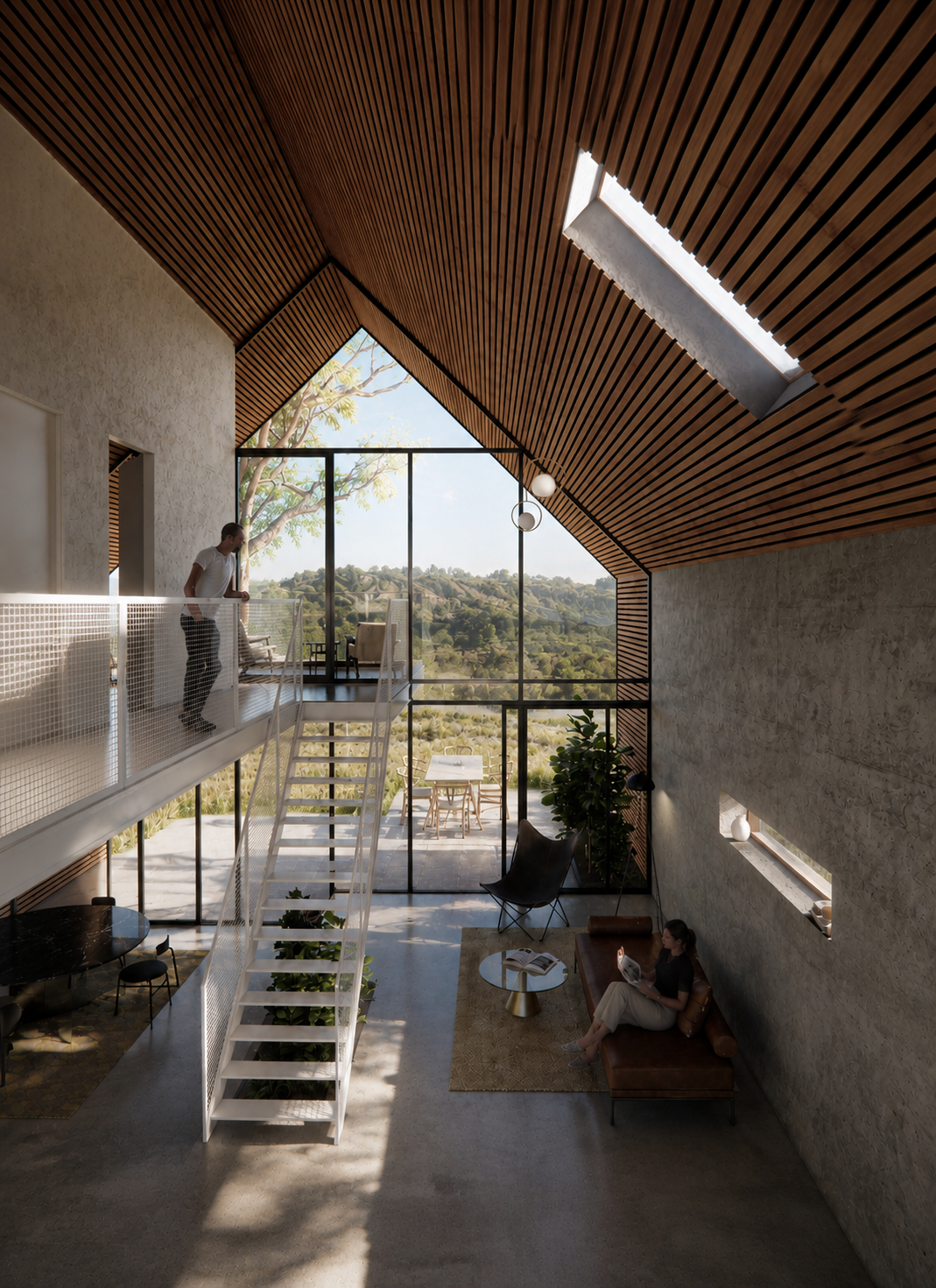Double-height interior open to the upper floor, with the open staircase and full-height glazed wall