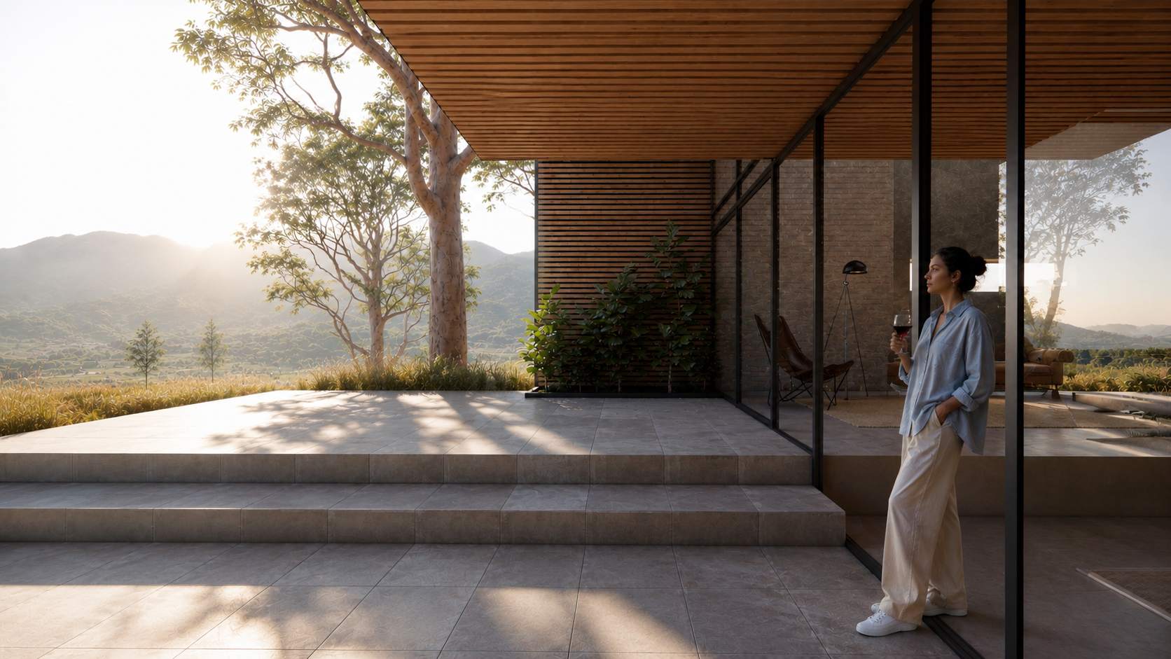Sheltered outdoor deck beneath the balcony above, with a figure leaning against the wall holding a glass of wine